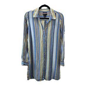 JNY Jones New York 100% Linen Shirt Blue Striped Button up Coastal Tunic Top M